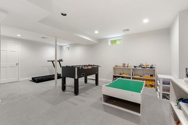 rec room with carpet, recessed lighting, and baseboards