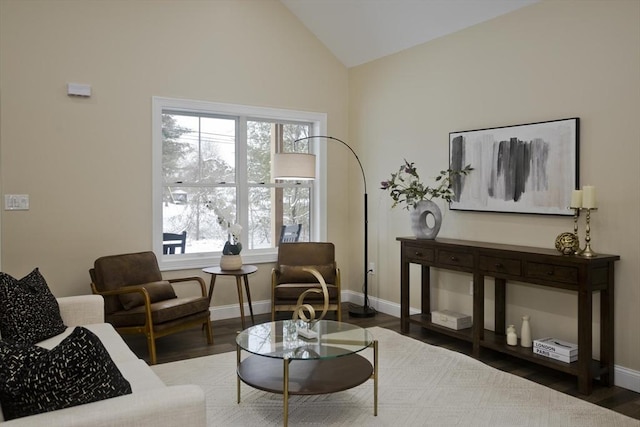 living area featuring wood-type flooring, a wealth of natural light, and lofted ceiling