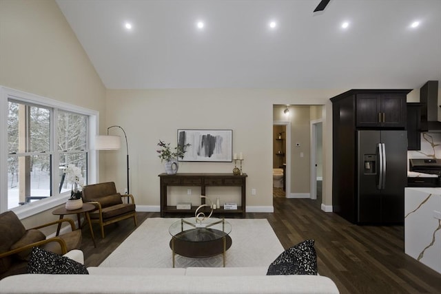 living room featuring high vaulted ceiling and dark hardwood / wood-style flooring