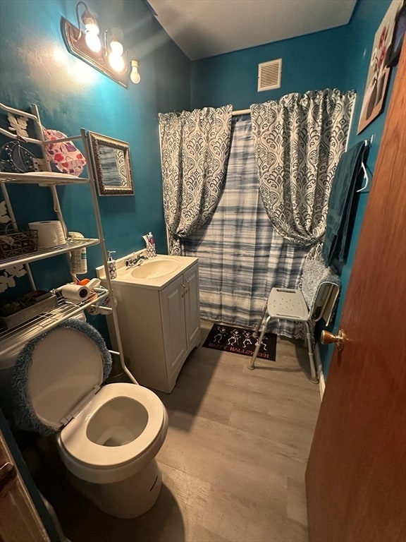 bathroom with vanity, toilet, and hardwood / wood-style flooring