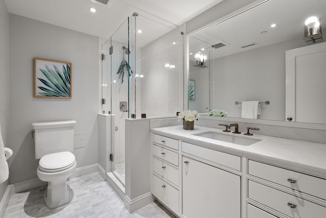 bathroom with tile flooring, an enclosed shower, oversized vanity, and toilet