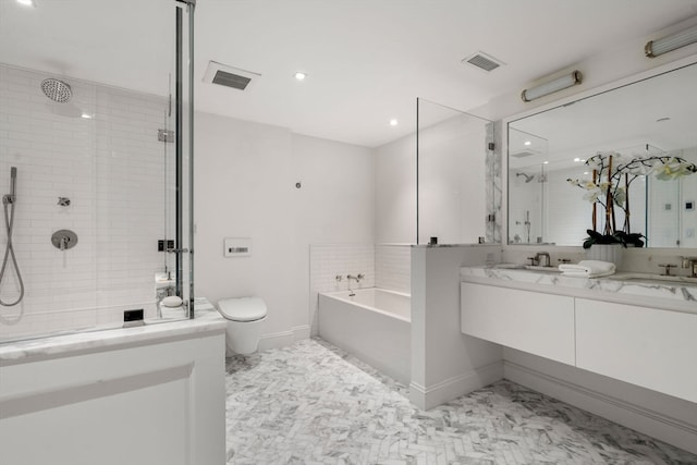 bathroom with tile floors, shower with separate bathtub, and double sink vanity