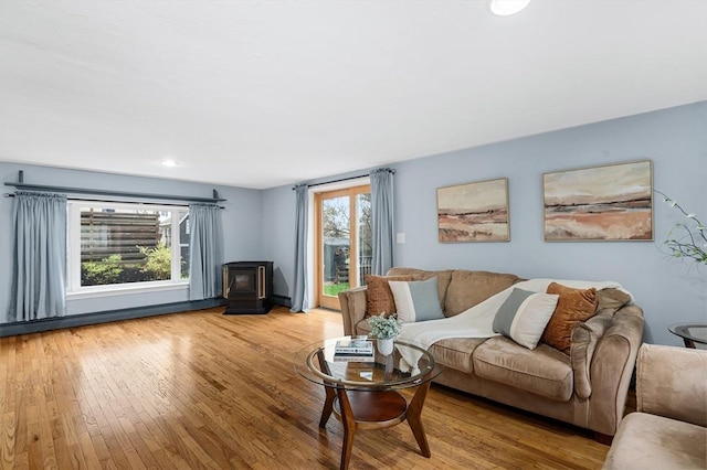 living room featuring a wood stove and light wood-style floors