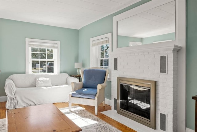 living area with light hardwood / wood-style flooring, a fireplace, and plenty of natural light