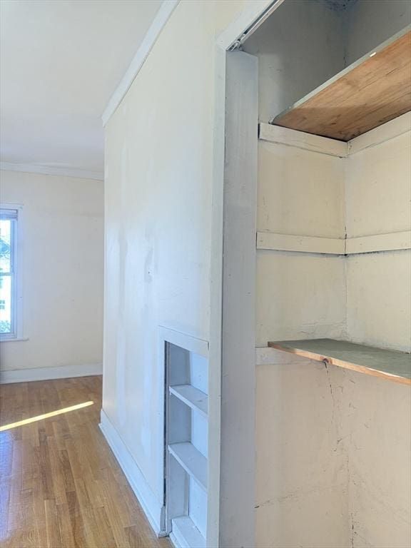 interior space featuring hardwood / wood-style flooring and ornamental molding