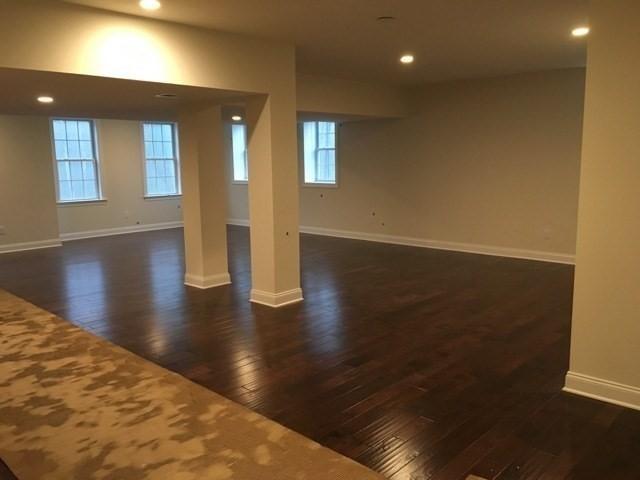 basement with dark hardwood / wood-style flooring