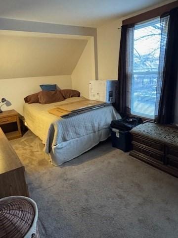 bedroom with carpet and lofted ceiling