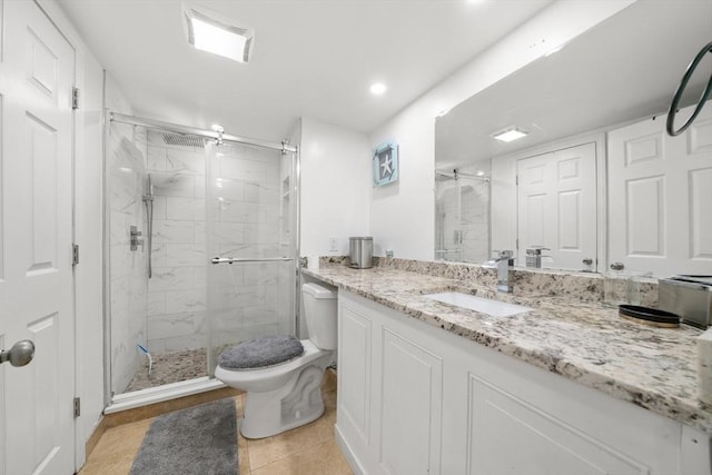 101 Old Westport Rd, Dartmouth, MA 02747 - bathroom with a marble finish shower, vanity, tile patterned flooring, and recessed lighting
