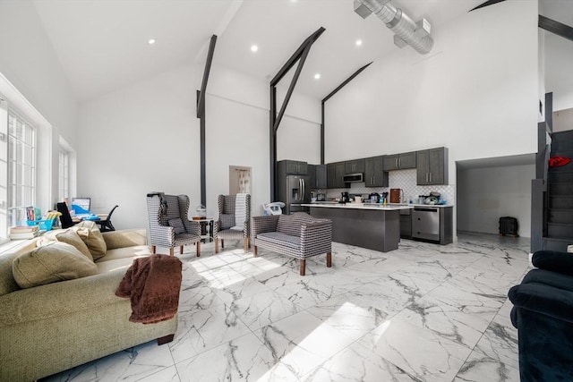 101 Old Westport Rd, Dartmouth, MA 02747 - living room with high vaulted ceiling, light marble finish flooring, and beam ceiling