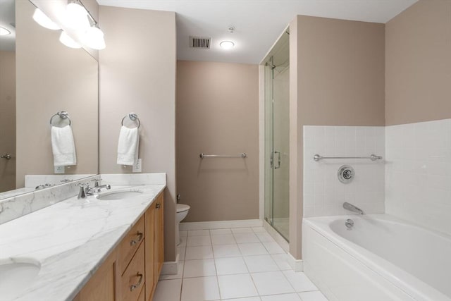 full bathroom with a garden tub, toilet, visible vents, tile patterned floors, and double vanity