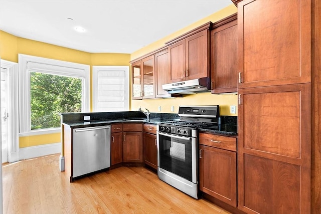 41 Cushing Ave Unit 1, Boston, MA 02125 - kitchen featuring appliances with stainless steel finishes, under cabinet range hood, light wood finished floors, a peninsula, and dark stone countertops