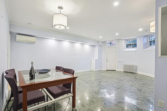 dining space with ornamental molding, a wall mounted AC, and radiator heating unit