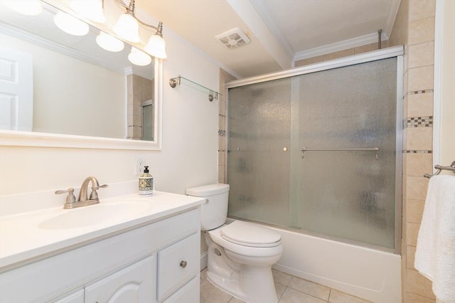 full bathroom featuring vanity, shower / bath combination with glass door, tile patterned flooring, toilet, and ornamental molding