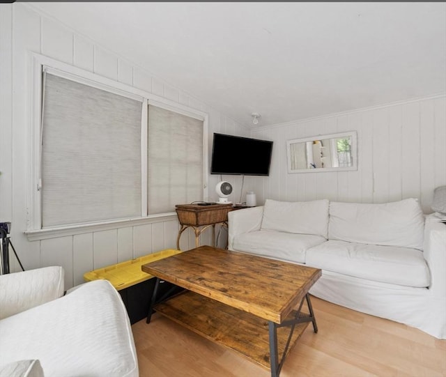 living room with light hardwood / wood-style floors and lofted ceiling