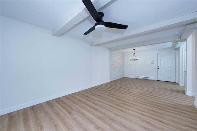 spare room with light wood-style flooring, a baseboard radiator, beam ceiling, and baseboards