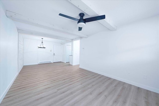 empty room featuring a baseboard radiator, light wood-type flooring, beamed ceiling, baseboards, and ceiling fan with notable chandelier