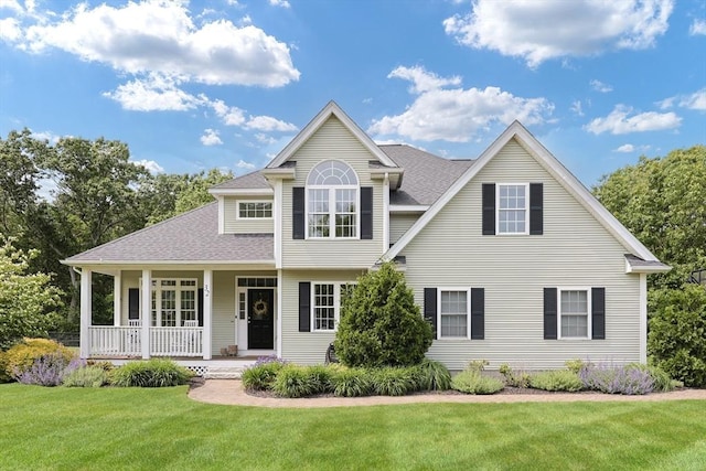 32 Lowe Meadow Ln, North Attleboro, MA 02760 - view of front facade featuring a front yard, covered porch, and roof with shingles