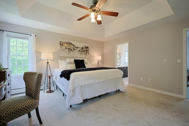 32 Lowe Meadow Ln, North Attleboro, MA 02760 - bedroom featuring a tray ceiling, baseboard heating, baseboards, carpet floors, and ceiling fan