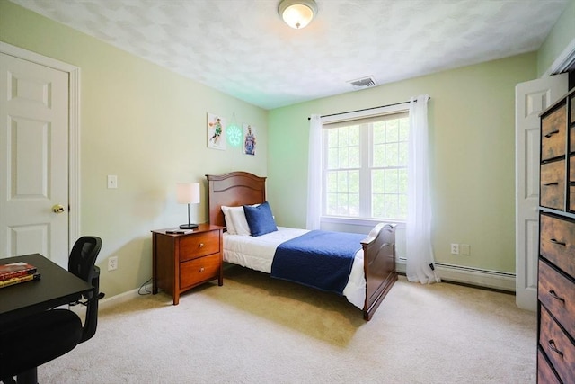 32 Lowe Meadow Ln, North Attleboro, MA 02760 - bedroom with light carpet, a baseboard radiator, baseboards, and a textured ceiling