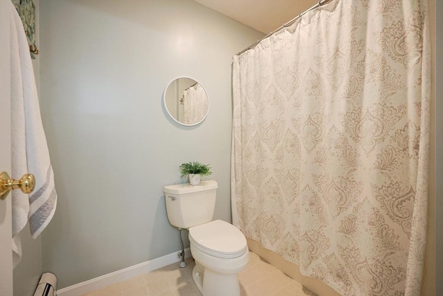 32 Lowe Meadow Ln, North Attleboro, MA 02760 - full bath with toilet, a baseboard heating unit, baseboards, tile patterned floors, and a shower with shower curtain