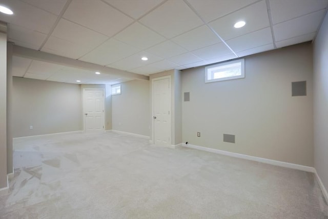 32 Lowe Meadow Ln, North Attleboro, MA 02760 - basement with a drop ceiling, light colored carpet, baseboards, and recessed lighting