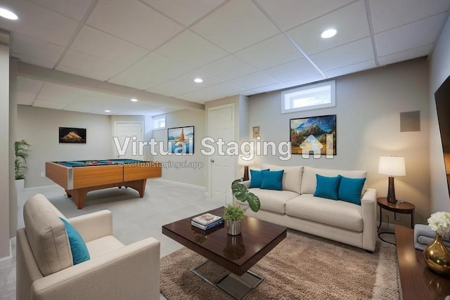 32 Lowe Meadow Ln, North Attleboro, MA 02760 - living room featuring a drop ceiling, carpet, billiards table, and baseboards