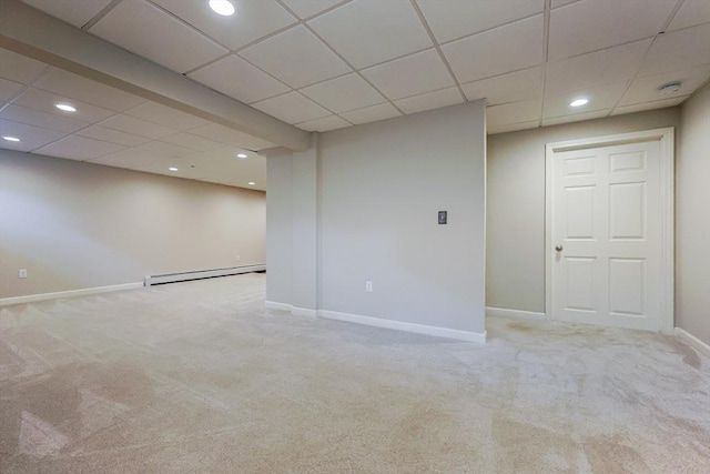 32 Lowe Meadow Ln, North Attleboro, MA 02760 - finished below grade area featuring carpet floors, a baseboard radiator, a paneled ceiling, baseboards, and recessed lighting