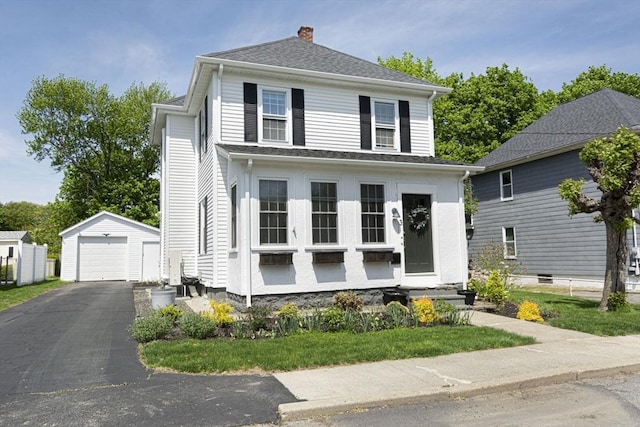 3 Worcester, Clinton, MA 01510 - traditional style home with a detached garage, an outdoor structure, a chimney, asphalt driveway, and a shingled roof