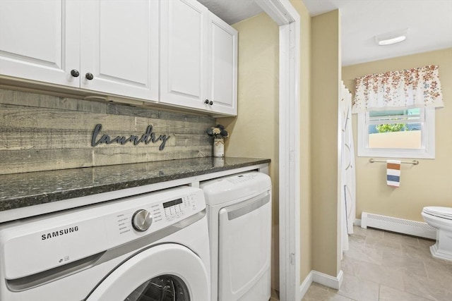 167 Montaup Ave, Dracut, MA 01826 - laundry area with a baseboard heating unit, washing machine and clothes dryer, baseboards, and light tile patterned flooring