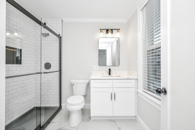 bathroom featuring vanity, toilet, crown molding, and walk in shower