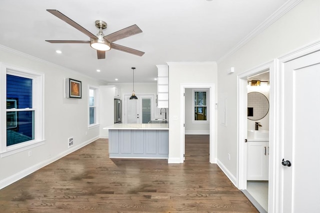 unfurnished living room with dark hardwood / wood-style flooring, ceiling fan, ornamental molding, and sink