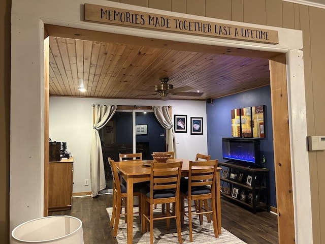 dining room with wood finished floors, wood ceiling, and a ceiling fan