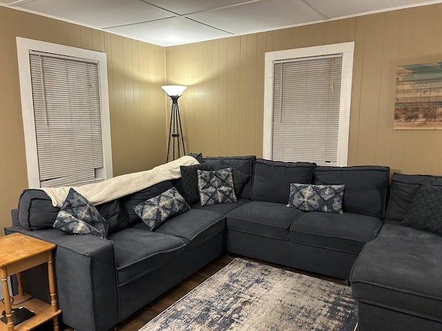 living room with dark wood-style flooring