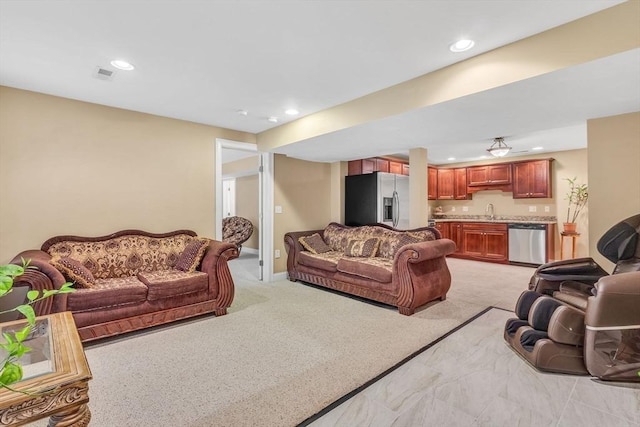 52 Sylvan Dr, Stow, MA 01775 - living room featuring recessed lighting, light colored carpet, and wet bar