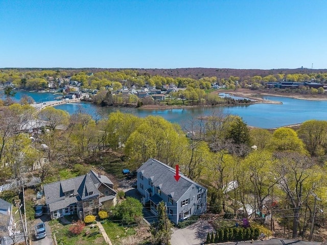 drone / aerial view featuring a water view