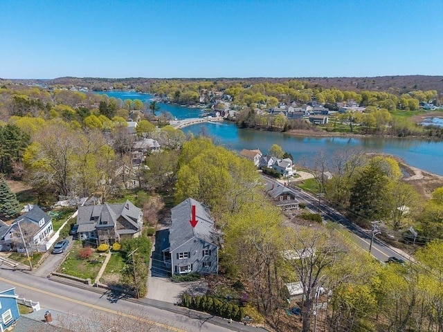 aerial view with a water view and a residential view