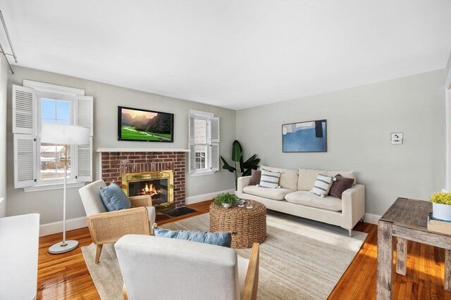 living room with wood-type flooring and a fireplace