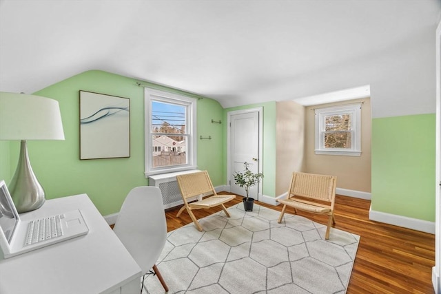 office featuring hardwood / wood-style flooring, a wealth of natural light, and vaulted ceiling