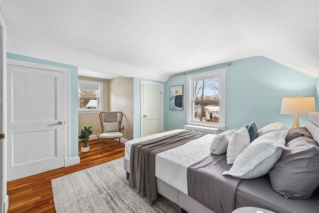 bedroom featuring multiple windows, hardwood / wood-style flooring, vaulted ceiling, and a closet