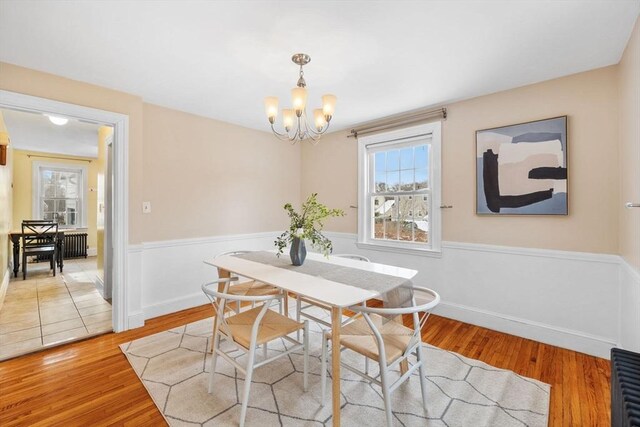 dining room featuring an inviting chandelier, radiator, and light hardwood / wood-style floors
