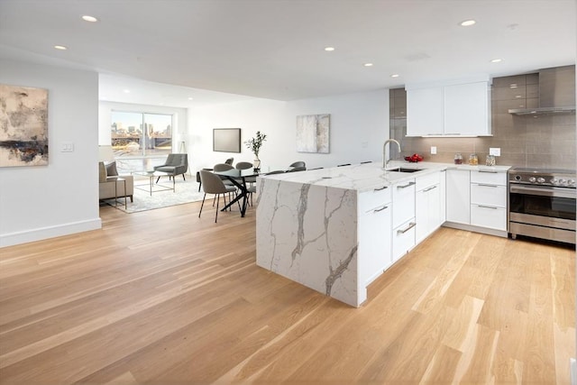 kitchen featuring wall chimney exhaust hood, sink, stainless steel electric range oven, kitchen peninsula, and white cabinets