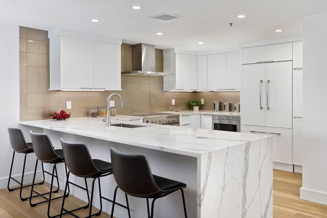 kitchen with white cabinets, sink, kitchen peninsula, and wall chimney exhaust hood