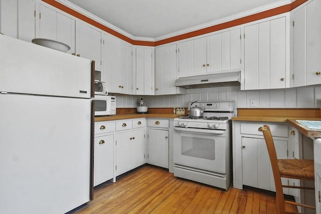 47 Stetson, Haverhill, MA 01835 - kitchen with white appliances, under cabinet range hood, light wood-style floors, crown molding, and white cabinetry