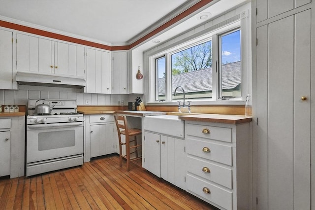 47 Stetson, Haverhill, MA 01835 - kitchen featuring white gas stove, under cabinet range hood, a sink, white cabinets, and crown molding