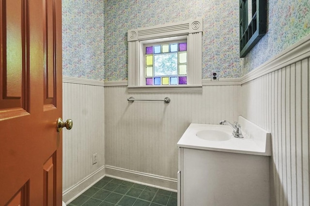 47 Stetson, Haverhill, MA 01835 - bathroom with wainscoting, wallpapered walls, vanity, and tile patterned flooring