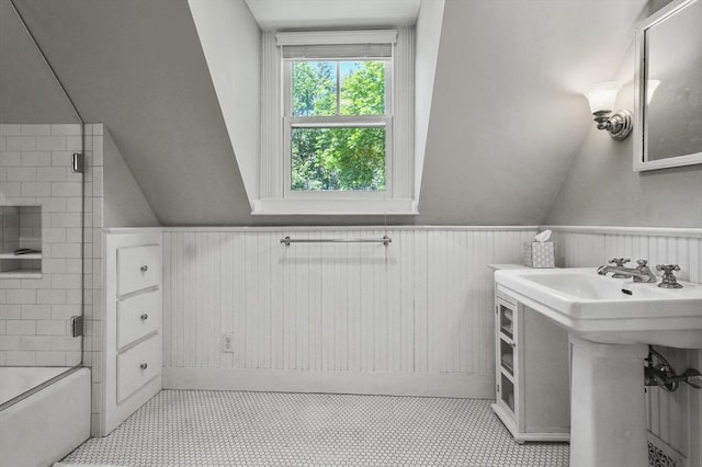 47 Stetson, Haverhill, MA 01835 - full bath with a wainscoted wall, shower / tub combination, lofted ceiling, and a sink