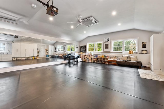 garage with ceiling fan and a garage door opener