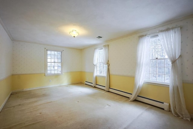 spare room with crown molding, a healthy amount of sunlight, and light carpet