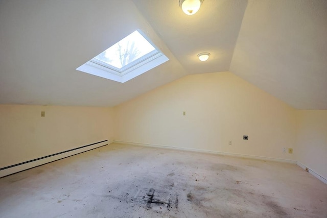 bonus room featuring a baseboard radiator and lofted ceiling with skylight