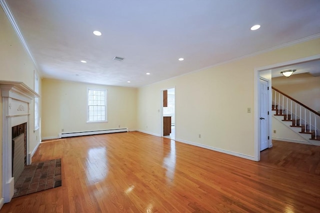 unfurnished living room with a baseboard radiator, crown molding, and light hardwood / wood-style flooring